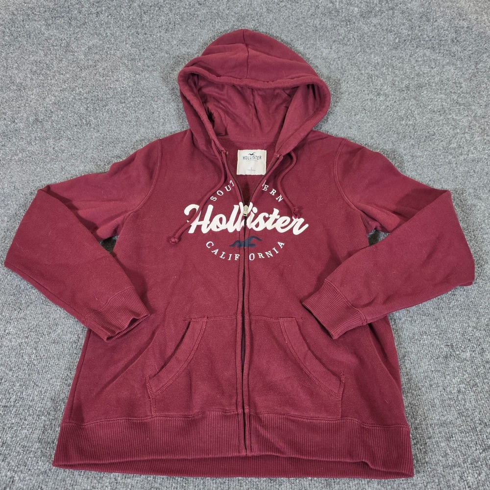 2000s Hollister California Men Large Burgundy Full Zip Graphic Hoodie Sweatshirt